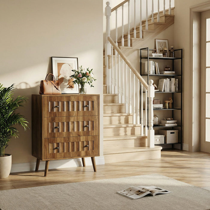 3 Drawer Dresser, Storage Cabinet With Vertical Grooves For Bedroom - Walnut
