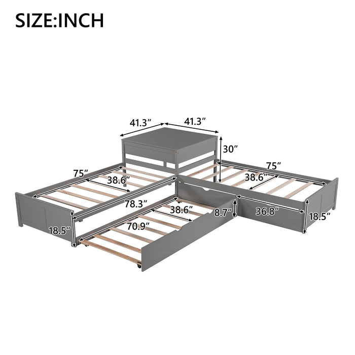 L Shaped Platform Bed With Trundle And Drawers Linked With Built In Desk