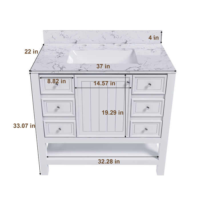 37" Bathroom Vanity With Artificial Marble Carrara Top, Multi Functional Cabinet With Doors And Drawer - White