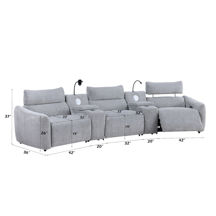 Fullar - Modular Power Motion Sectional Sofa With Console, 2 Wireless Chargers, 4 Cupholders, And 2 Speakers, 1 Phone Holder And 1 Reading Light, Adjustable Headrest - Light Gray