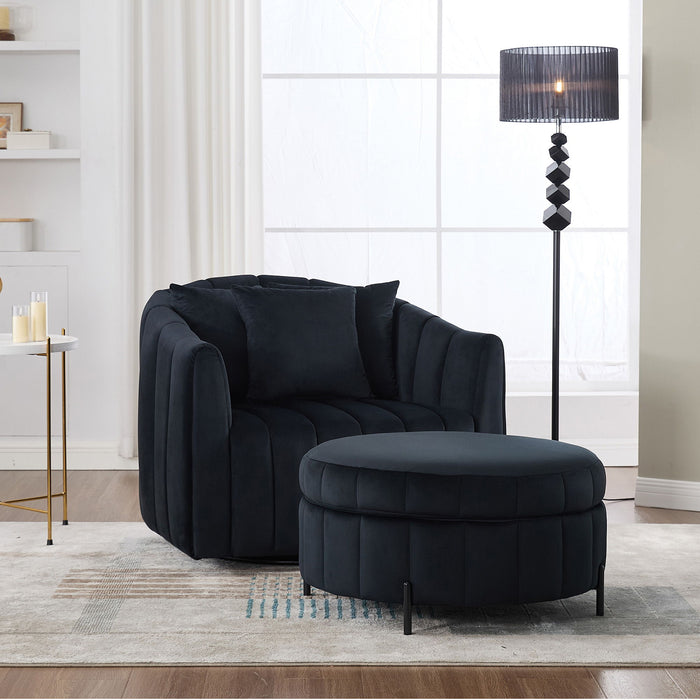 Oversized Velvet Swivel Barrel Accent Chair And Ottoman Set With Storage