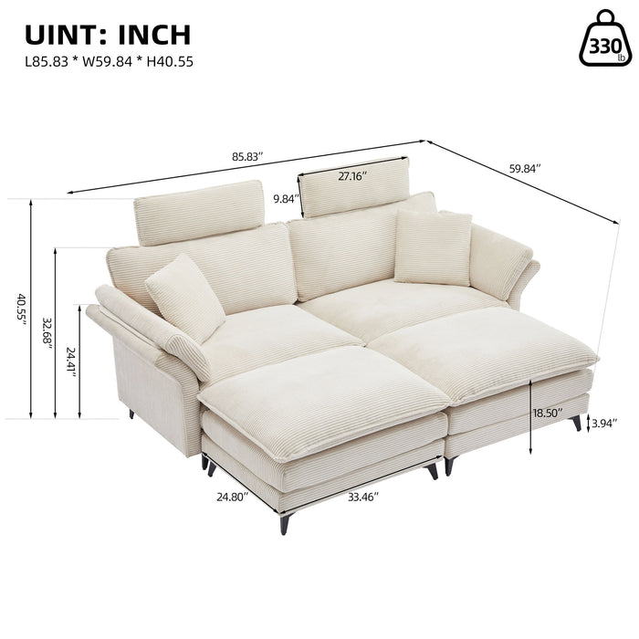 Modern Corduroy Deep Seat Sectional Sofa With Ottoman