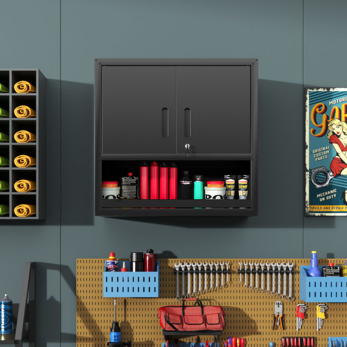 Wall-Mounted Storage Cabinet With Locking Door, 1 Shelf And Open Drawer - Black