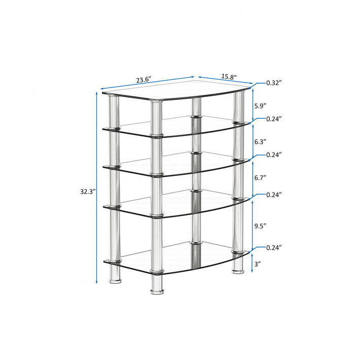 5 Tier Tempered Glass Side Table, Stainless Steel Frame End Table For Living Room, Bedroom - Black