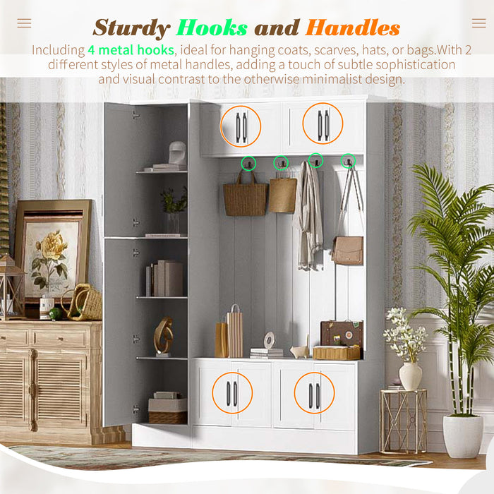 Tall Hall Tree With Shoe Storage, 4 In 1 Entryway Bench With 6 Cabinets, 4 Coat Hooks & Adjustable Shelf For Hallway - White