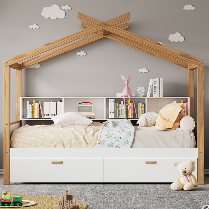 Wooden House Bed Original Wood Colored Frame With Bookshelf Storage Space