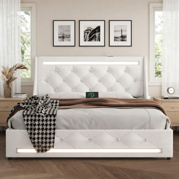 Wingback Upholstered Bed Frame With LED Lights, Charging Station