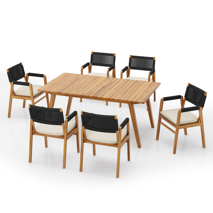 Outdoor 7 Pieces Patio Slat Design Acacia Upholstered Dining Set