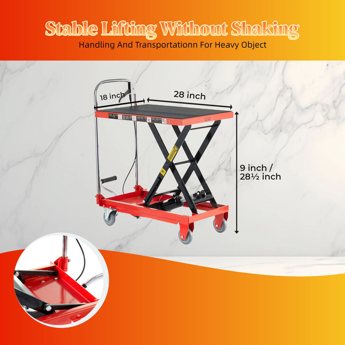 Hydraulic Lift Table Cart 500Lbs Load Red Single Scissor Lift With Non Slip Pads And Wheels - Red / Black