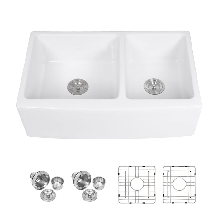 Sink 33" Double Bowl 60 / 40 Kitchen Sink With Deep Basin And Grids - White