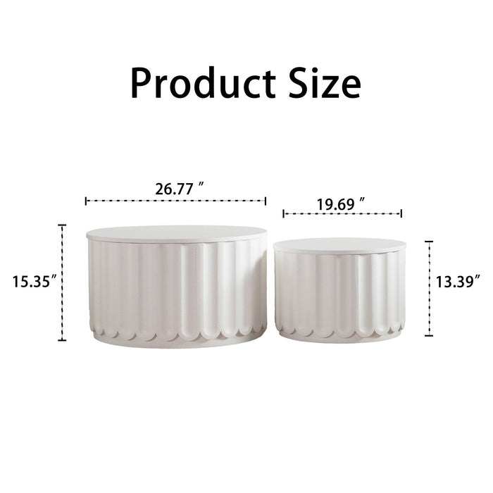 Round Storage Table Set With Lift Off Lid, Nesting Design, Elegant Curved Edge Shape For Living Room - Cream White