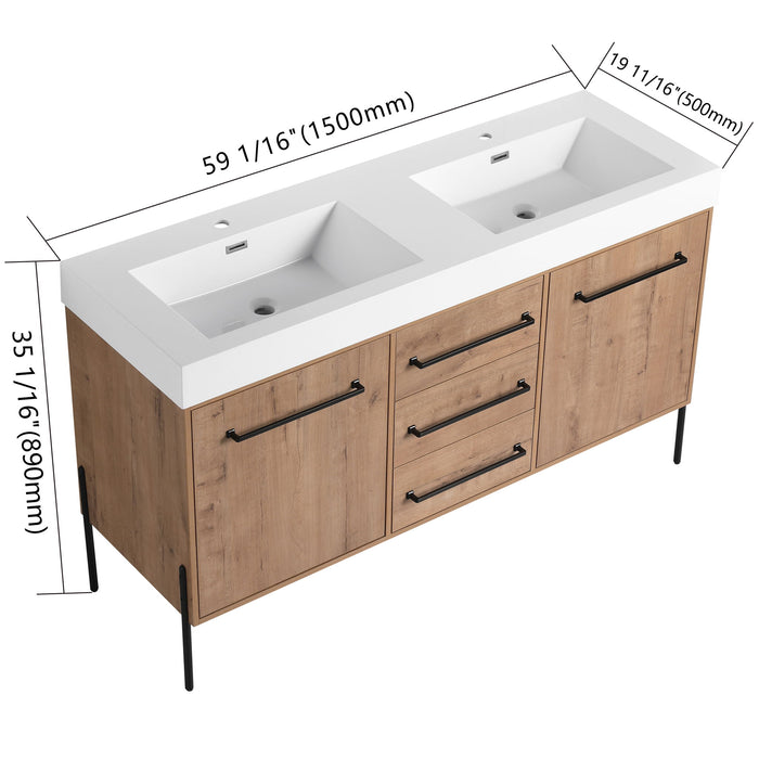60" Freestanding Bathroom Vanity With Double Sink, Soft Close Doors, 3 Drawers - Imitative Oak