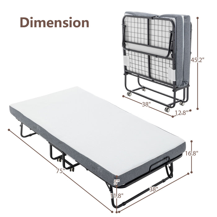 Foldable Metal Frame Bed For Guest With Memory Foam Mattress On Wheels, Saving Space Rollaway Bed