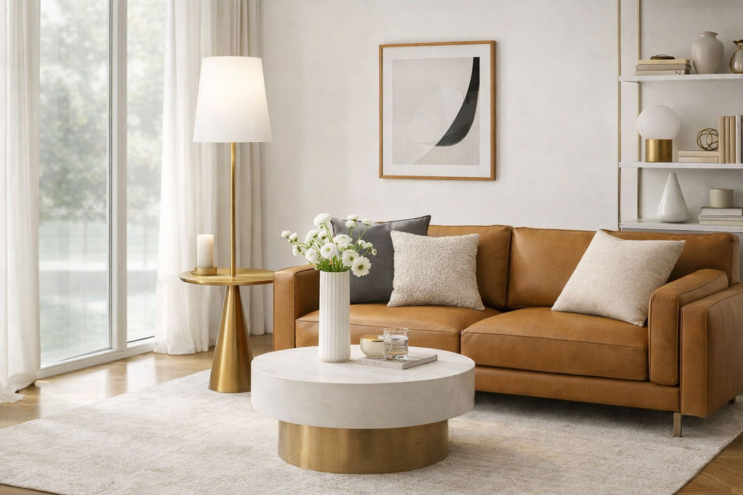 Celestial - Modern Floor Lamp With Accent Table With Large Shade - Gold / White