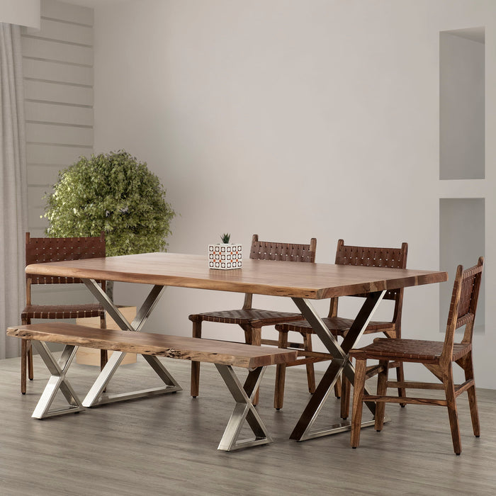 Farmhouse Design Acacia Wood Dining Bench With X Shaped Metal Legs - Brown / Chrome