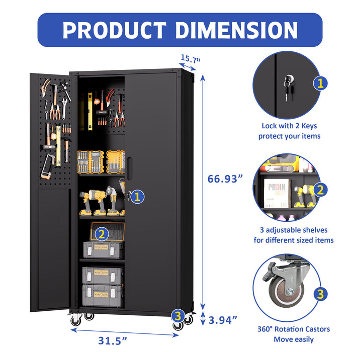 Garage Storage Cabinet With Wheels Heavy-Duty Tool Storage - Black