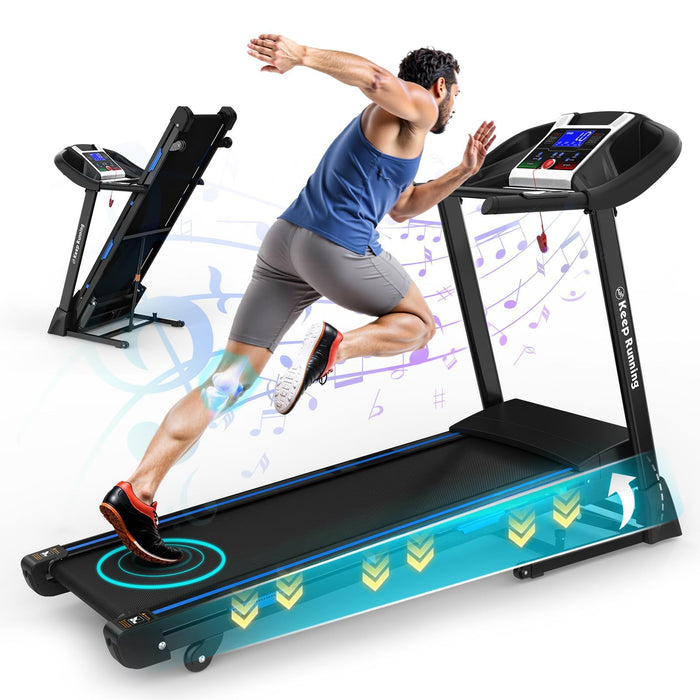 Treadmills For Home, Electric Treadmill With Automatic Incline, Foldable 3.5Hp Workout Running Machine Walking, Double Running Board Shock Absorption Pulse Sensor Bluetooth Speaker App Fitshow - Black