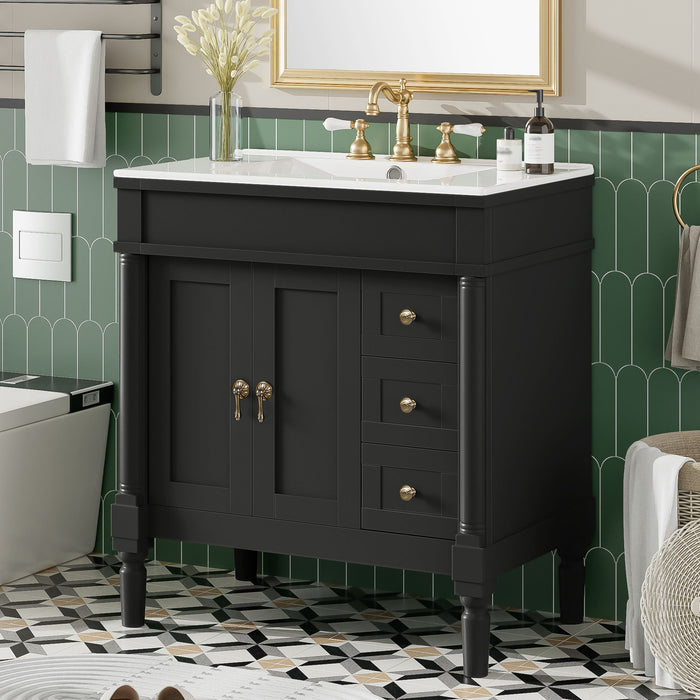 Bathroom Vanity With Ceramic Sink, 2 Doors 3 Drawers, Soft Close Design
