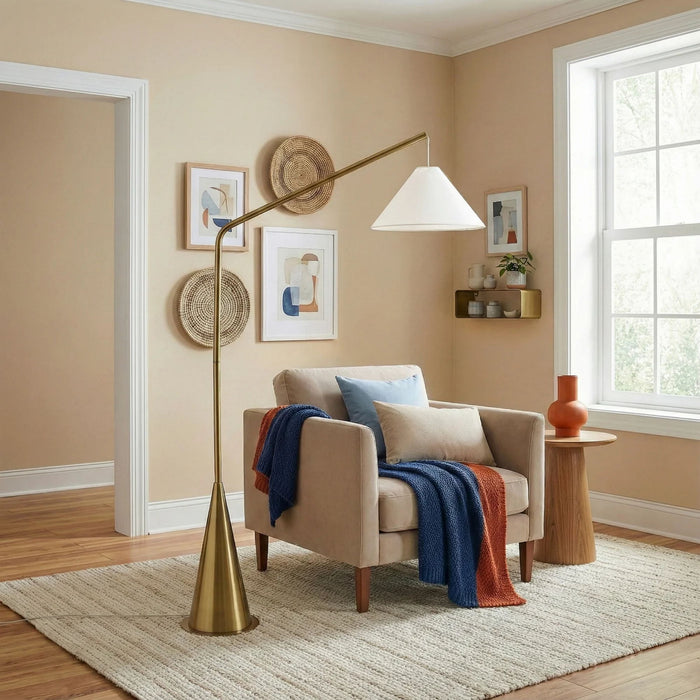 Lisbon - Floor Lamp With On / Off Switch Coned Base Hanging Shade - Antique Brass / White