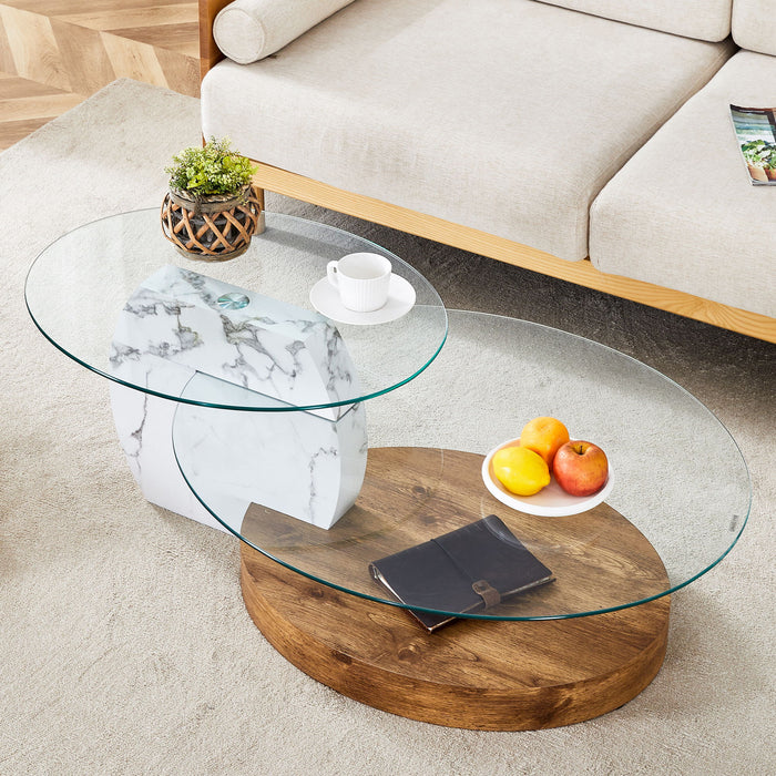Contemporary Artistic Double Layer Coffee Table Marble And Wood Grain Collision - Transparent / White