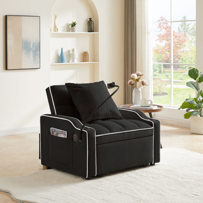 Convertible 3 In 1 Sofa Bed With Adjustable Sleeper Chair And Multi Pockets - Black