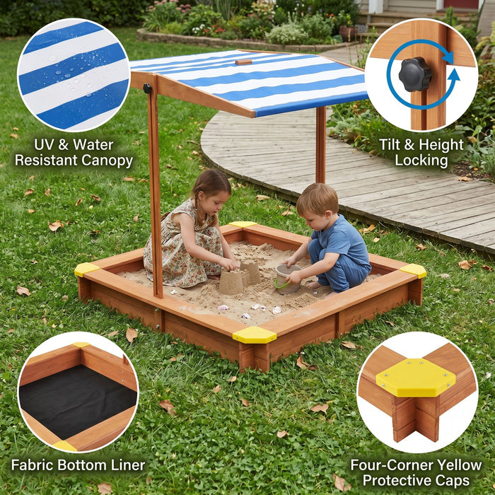 Kids Sandbox With Cover, Sand Box With Adjustable Canopy, Large Outdoor Cedar Sandpit For Backyard Play - Reddish Brown