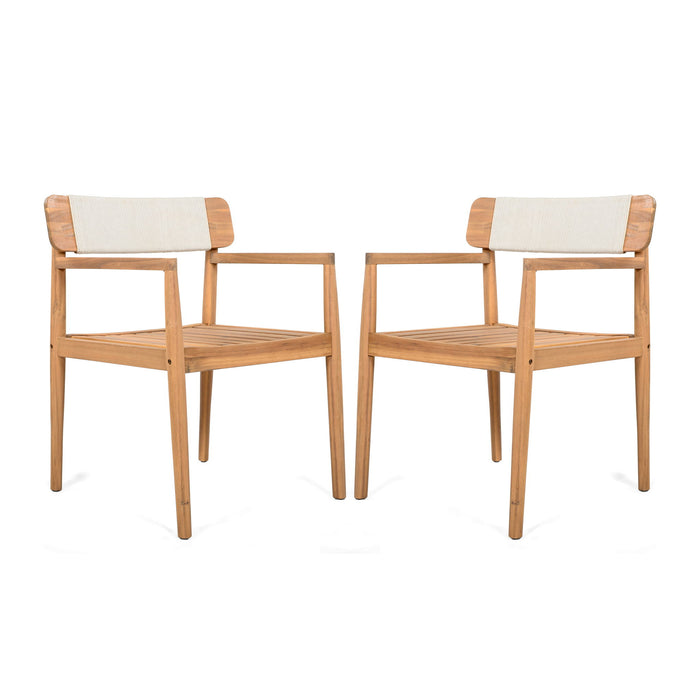 Creative Braided Acacia Wood Outdoor Dining Table And Chairs With Armrests (Set of 2) - Teak / White