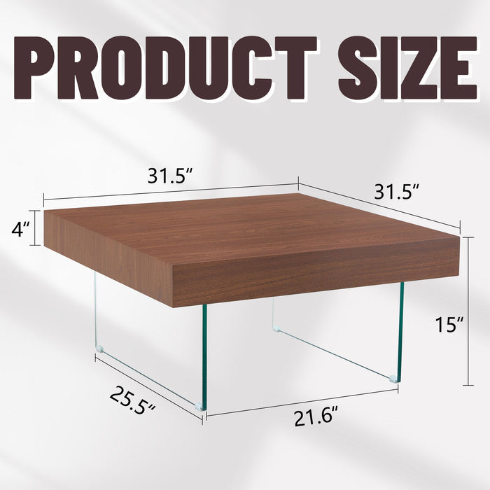 Square Coffee Table With Tempered Glass Legs - Transparent / Walnut