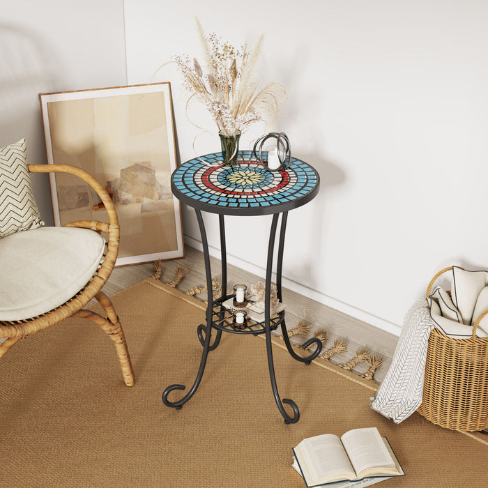 Ceramic Tile And Iron Patio Side Table With Shelf