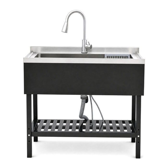 Freestanding Utility Sink With Pull Out Faucet And Large Storage Grille - Black / Silver