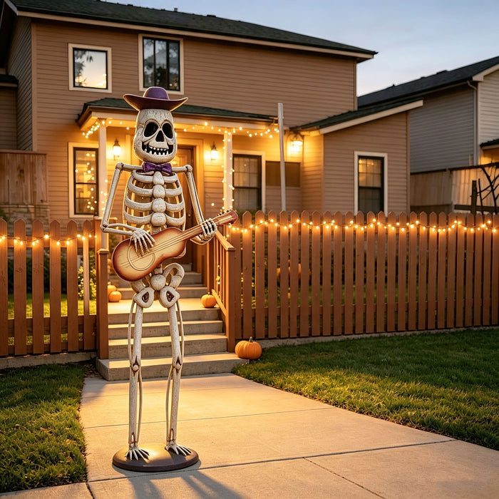 Halloween Skeleton Guitar Yard Decoration For Outdoor Porch - Ivory White
