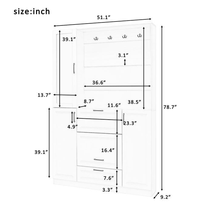 Entryway Bench With Integrated Shoe Cabinet, 3 In 1 Design And Mirrored Cabinet Door, Hall Tree With 4 Sturdy Hooks And Foldable Seat For Entrance, Living Room - White