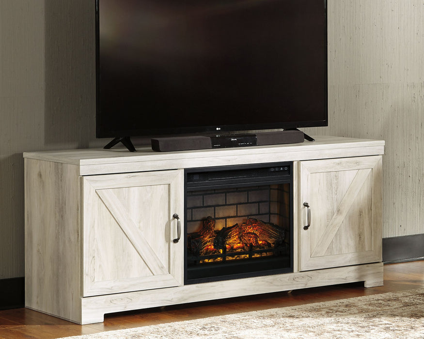 Bellaby - Blanqueado - Mueble para TV de 63" con inserto de chimenea de imitación de ladrillo refractario