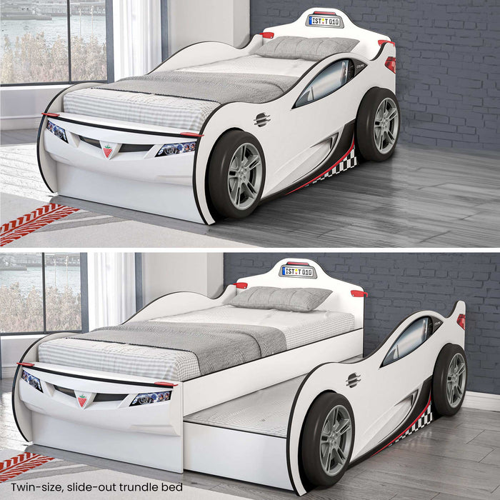 Race Cup - Twin Race Car Bed with Trundle Bed - White