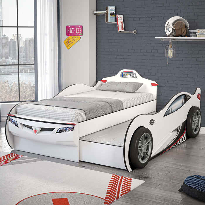 Race Cup - Twin Race Car Bed with Trundle Bed - White